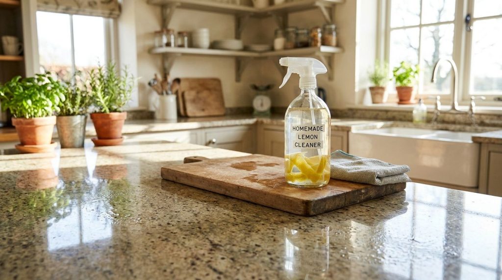 A clean kitchen counter after being wiped down with a cloth sparkling and smelling fresh next to a spray bottle of homem
