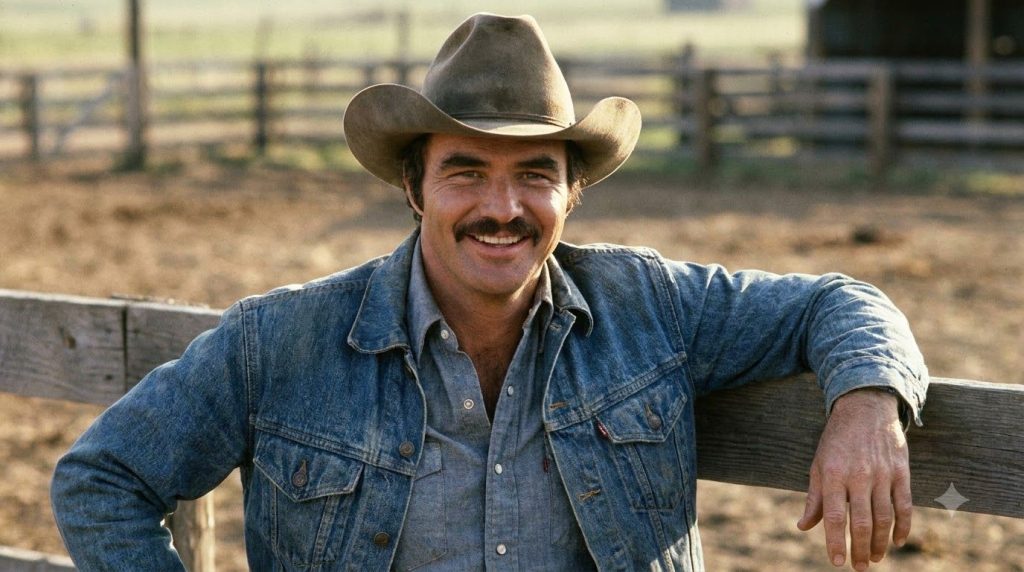 Burt Reynolds in his prime with his iconic mustache and a charismatic smile possibly wearing a cowboy hat or a similar r
