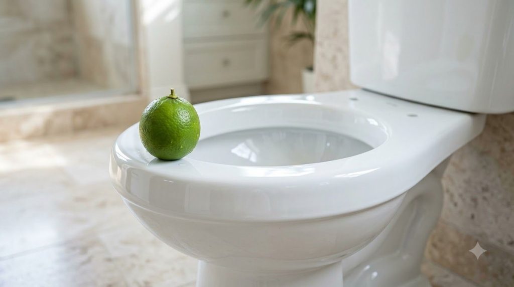 A sparkling clean toilet bowl after cleaning with a fresh green lime on the rim suggesting a pleasant scent