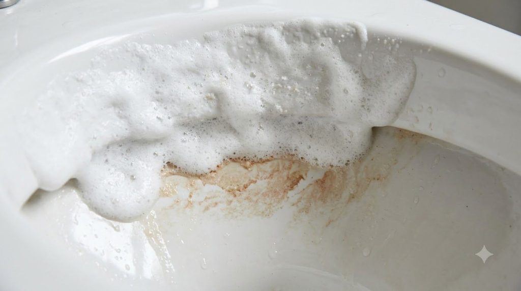 A close-up of a thick white cleaning paste made from baking soda lemon and salt applied to the inside of a toilet bowl n
