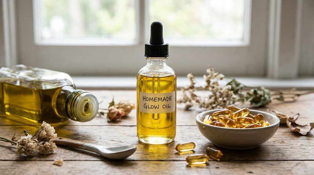 A small glass dropper bottle containing a homemade facial oil blend surrounded by olive oil and vitamin E capsules