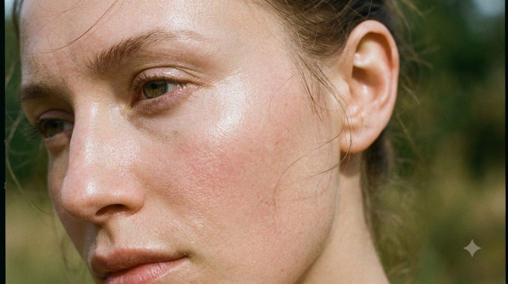 A close-up of a woman s glowing hydrated skin showcasing a smooth and youthful appearance