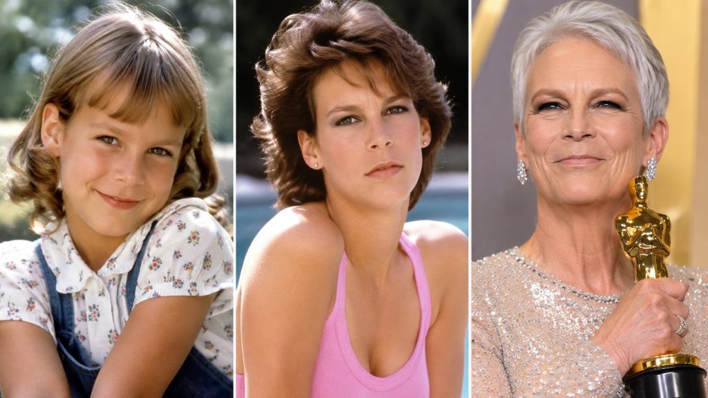 A photo montage of Jamie Lee Curtis at different ages as a child as a young actress in the 80s and as an older silver-ha