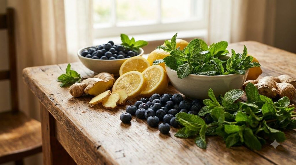 A close-up shot of various fresh vibrant ingredients like sliced lemons fresh ginger root whole blueberries and mint lea