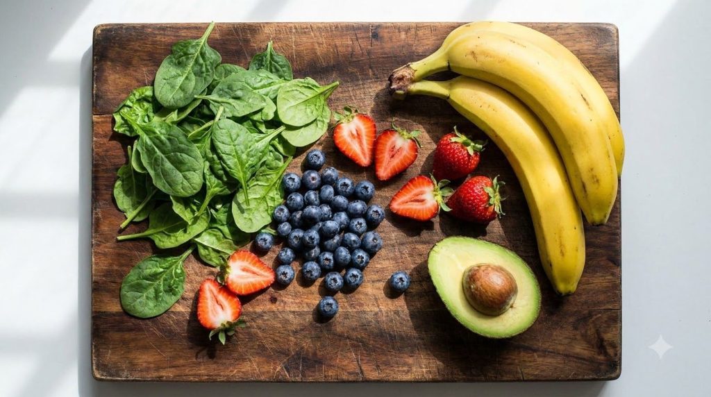 A variety of fresh fruits and vegetables like spinach berries bananas and avocado neatly arranged on a wooden board read