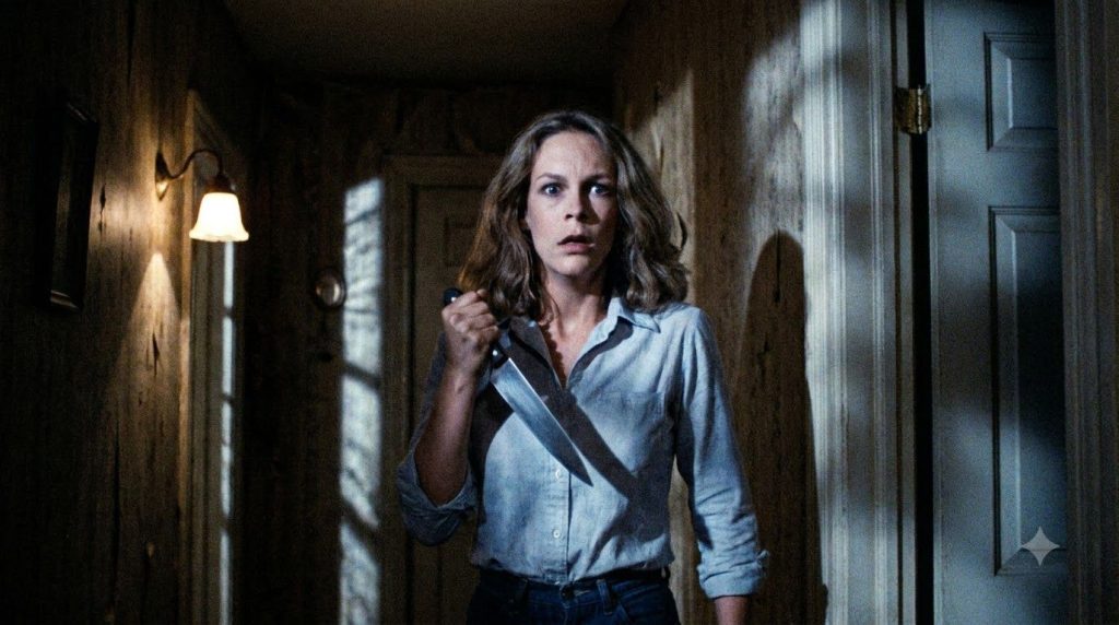 A young Jamie Lee Curtis as Laurie Strode in the original Halloween movie looking terrified and holding a knife in a dim