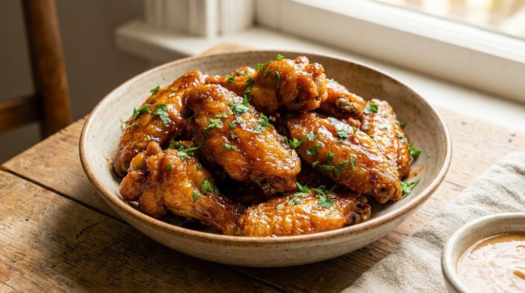 A close-up shot of golden-brown chicken wings coated in a vibrant glossy sauce garnished with fresh herbs ready to be se