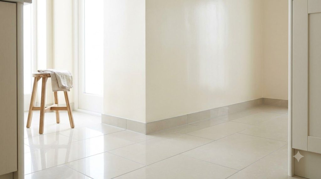 A sparkling clean tiled floor and freshly wiped walls showing the after effect of the cleaning solution with a subtle gl