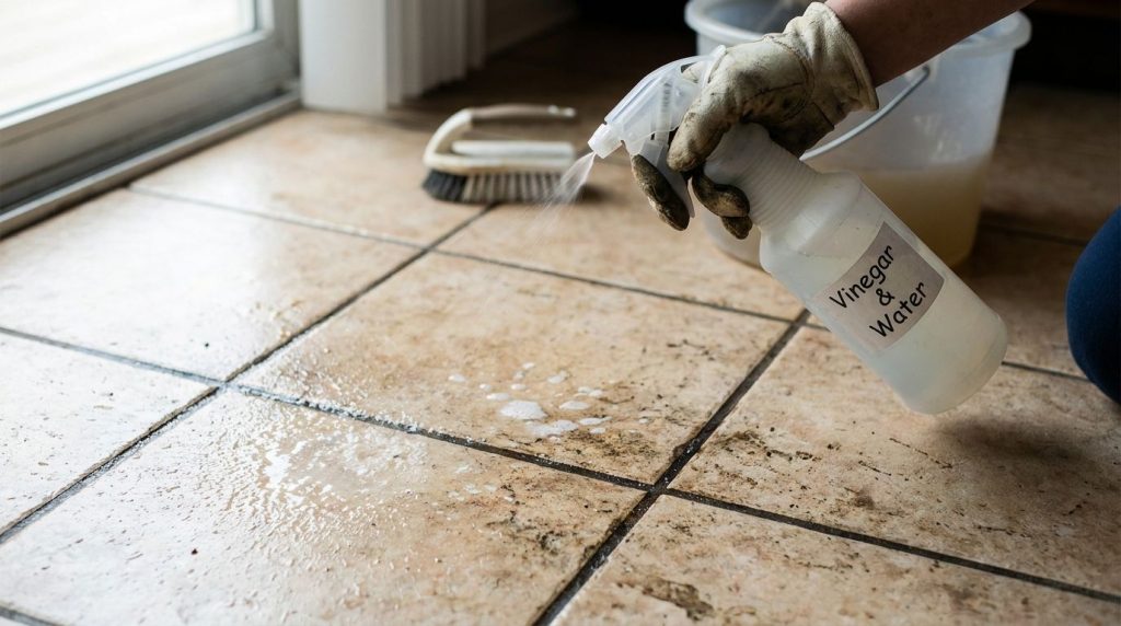 A person spraying the homemade cleaning solution onto a very dirty tiled floor with a brush or mop nearby highlighting t