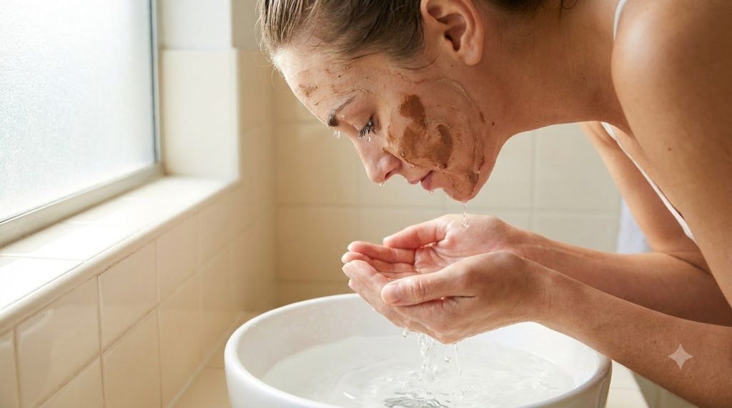 Close-up of a woman gently rinsing a face mask off her face with water