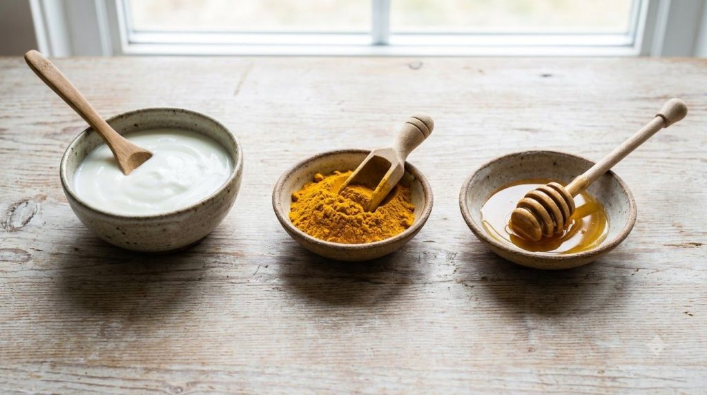 Ingredients for a homemade face mask yogurt turmeric honey in small bowls