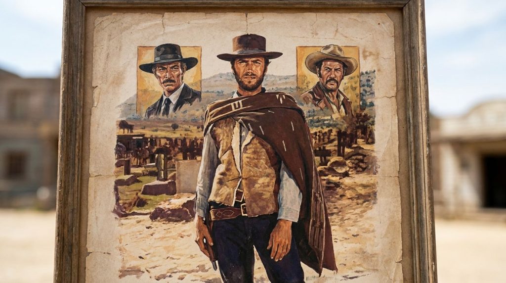 A film poster for The Good the Bad and the Ugly featuring Clint Eastwood in his iconic poncho and cowboy hat
