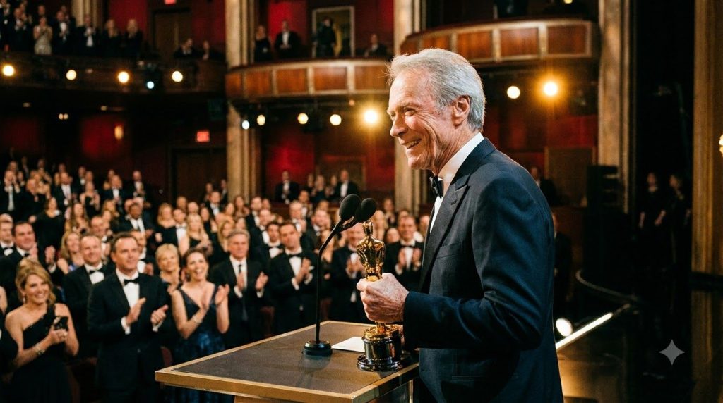 Clint Eastwood accepting an Academy Award smiling on stage with an Oscar statue in hand