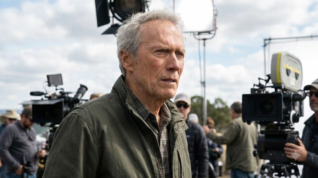 A candid photo of an older Clint Eastwood perhaps on a film set looking thoughtful and commanding