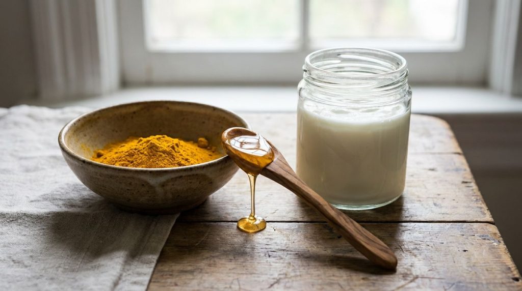 A small bowl with turmeric powder a spoon with honey and a container of yogurt ready to be mixed for a DIY face mask