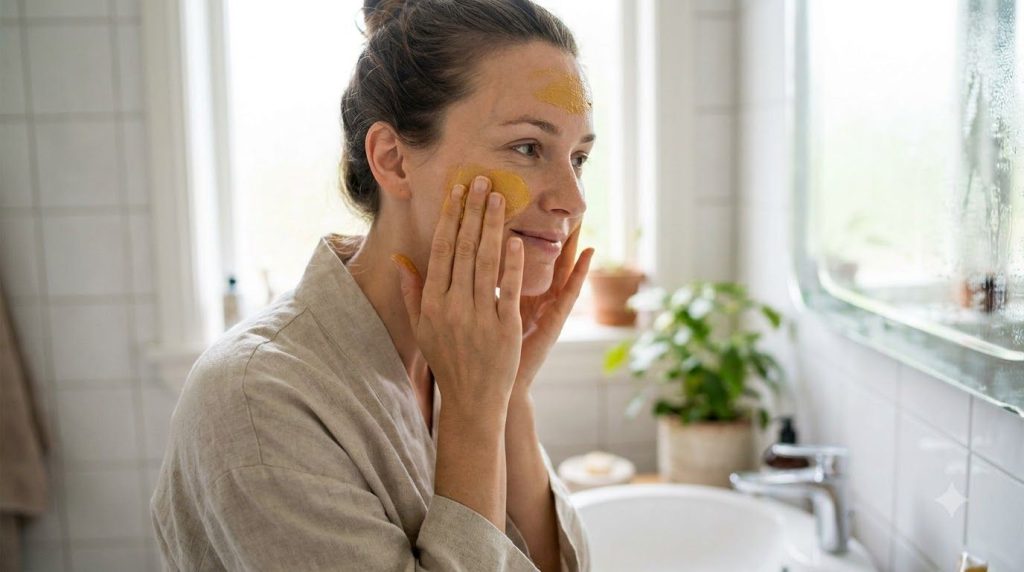A woman gently applying a yellow turmeric face mask to her clean face in a brightly lit bathroom