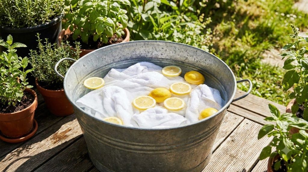 White towels soaking in a bucket of lemon water under bright sunlight with sliced lemons floating in the water