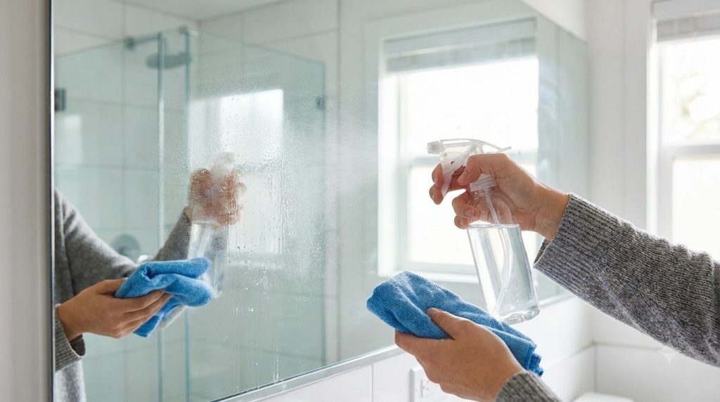 A person spraying a mirror with a vinegar and water solution from a spray bottle then wiping it with a microfiber cloth