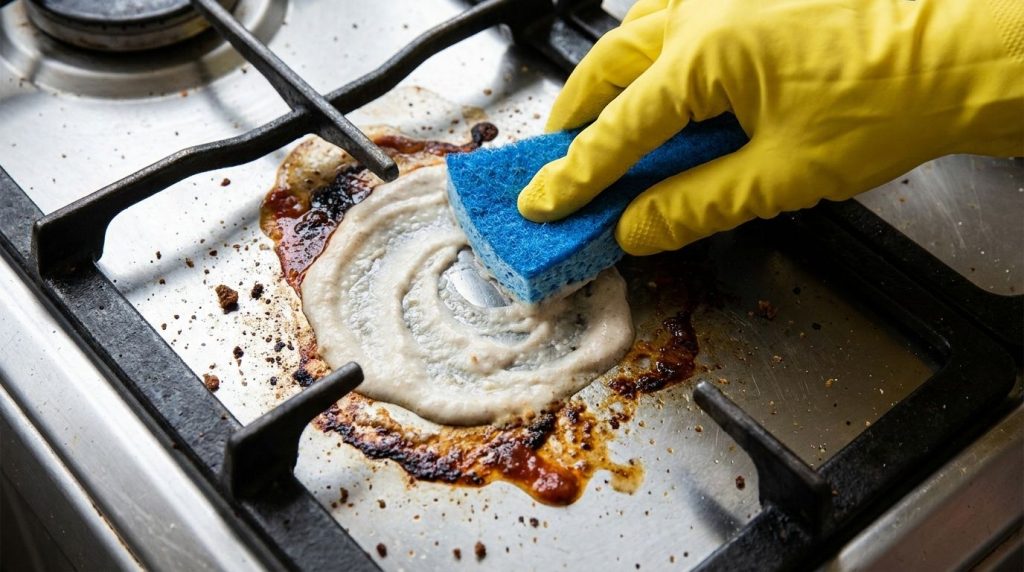 A close-up of a stove top with visible grease stains and a hand applying the baking soda and dish soap paste with a non-