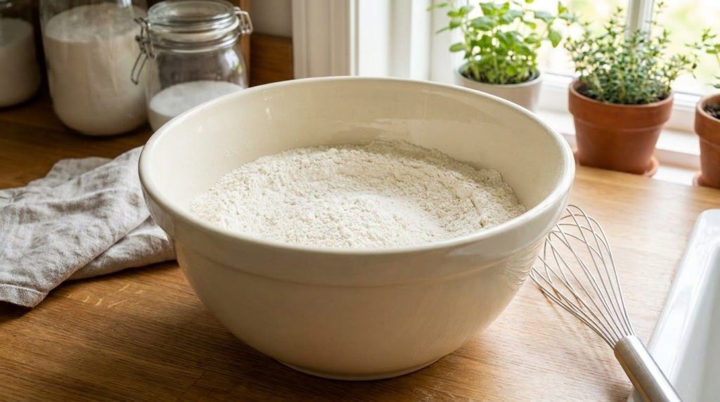 Dry ingredients for avocado bread mixed in a bowl