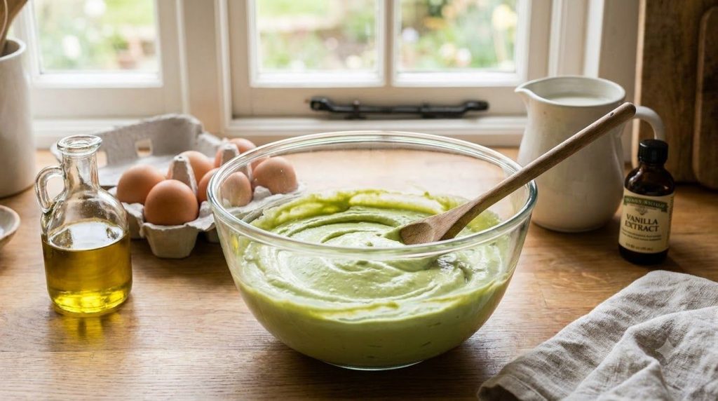 Smooth mashed avocado mixed with wet ingredients in a bowl