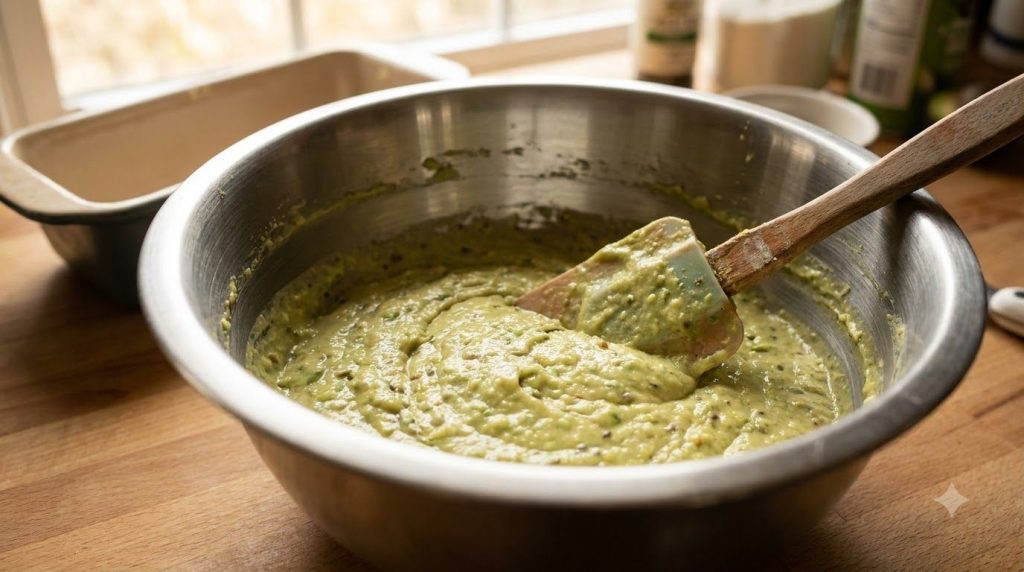 Avocado loaf bread batter in a mixing bowl before baking