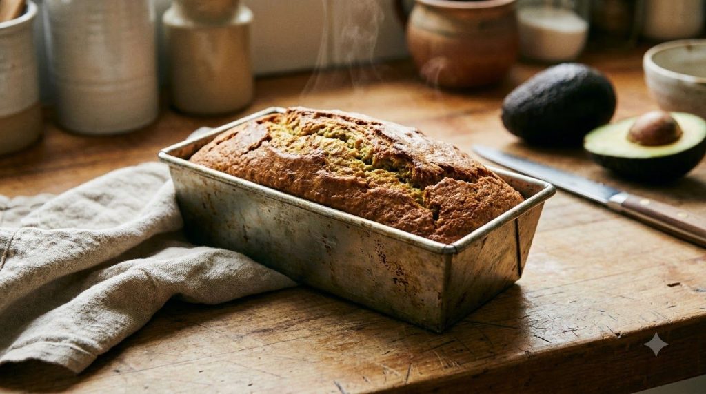 Avocado loaf bread in a baking pan fresh out of the oven