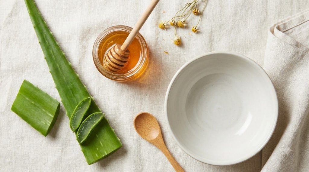 Ingredients for an aloe vera and honey face mask a fresh aloe leaf a jar of raw honey and a small mixing bowl with a spo
