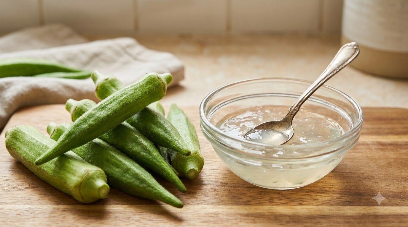 Fresh okra pods and a small bowl of clear viscous okra gel with a spoon
