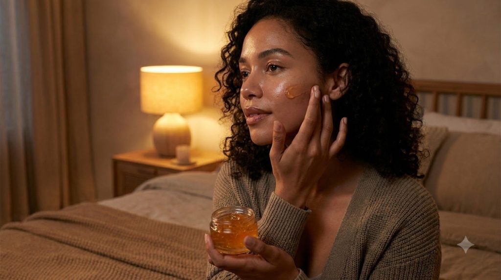 A woman gently applying a small amount of the homemade baby oil and vaseline night gel to her clean face before bed