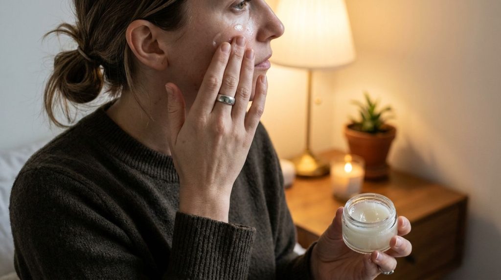 A person s hand applying a small amount of the DIY anti-aging gel onto their face focusing on areas with fine lines demo