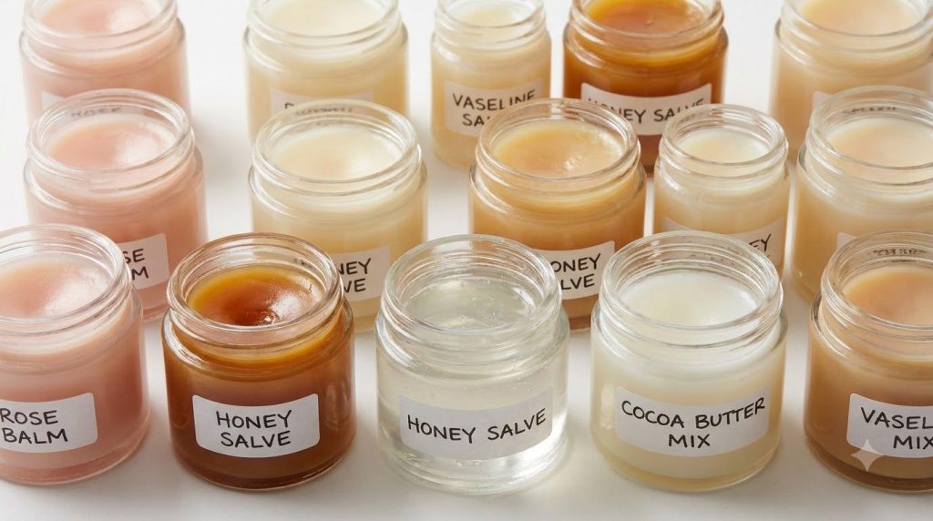 Small glass jars or containers filled with the various Vaseline mixes clearly labeled