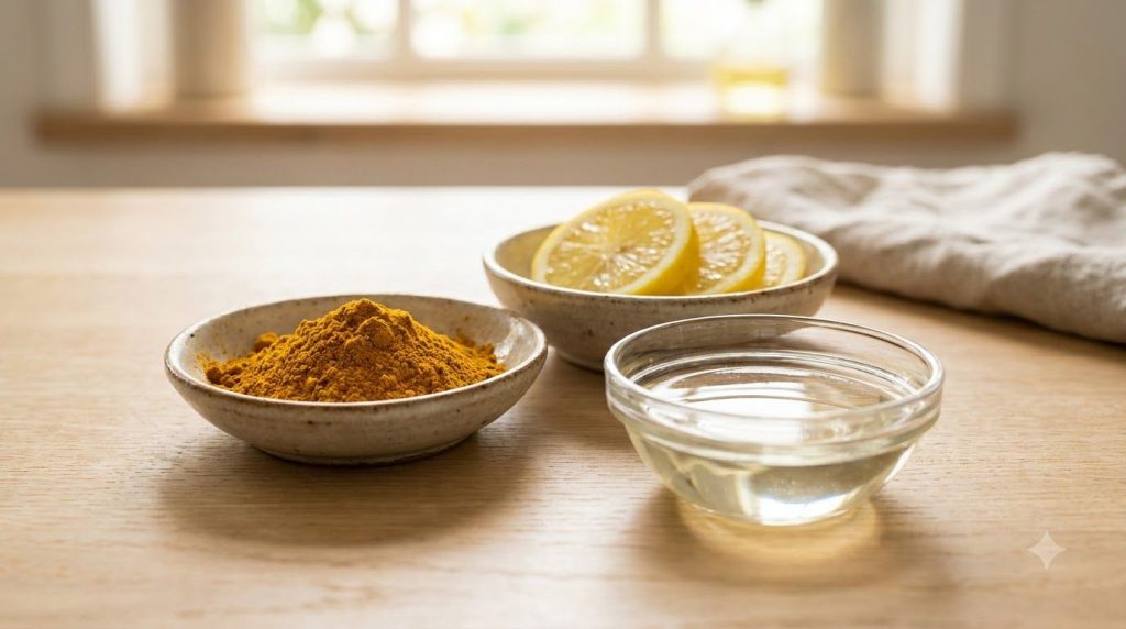 Close up of various ingredients like turmeric lemon and baby oil highlighting their textures and colors