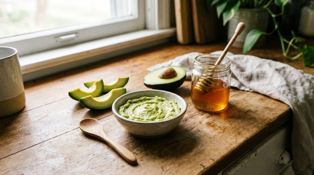 A close-up shot of a creamy green avocado and honey face mask being applied to a woman s face or shown in a bowl with fr