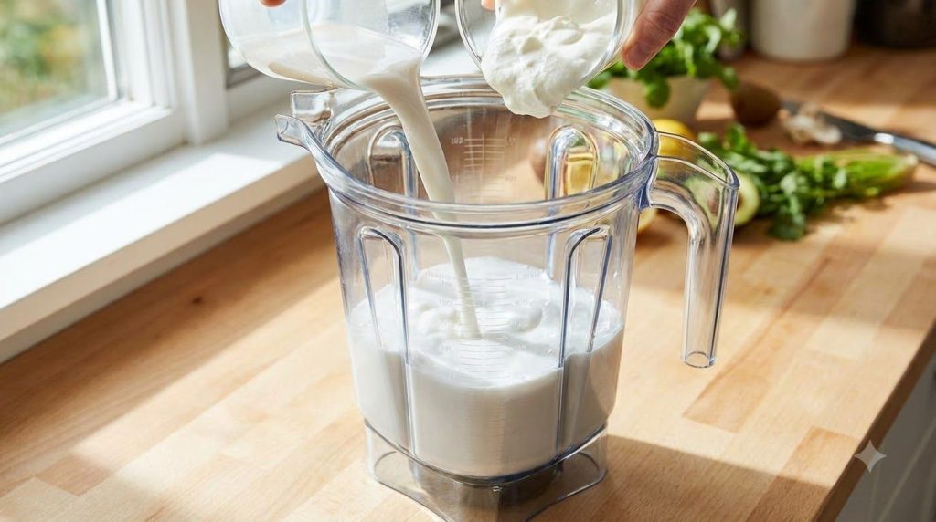 A blender with almond milk and Greek yogurt poured into it