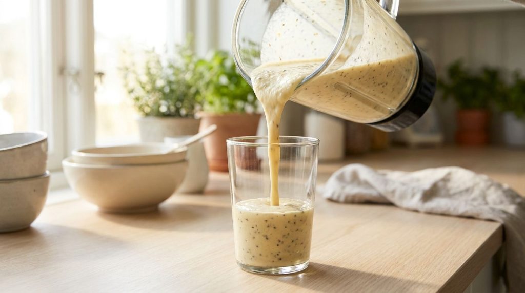 A smooth creamy breakfast smoothie being poured from a blender into a glass