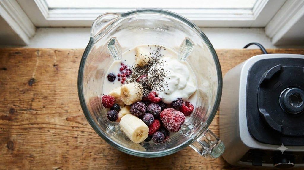 A blender filled with all smoothie ingredients before blending frozen banana berries yogurt almond milk and chia seeds