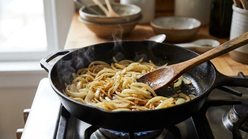 Sliced yellow onions caramelizing in a pan after searing the beef