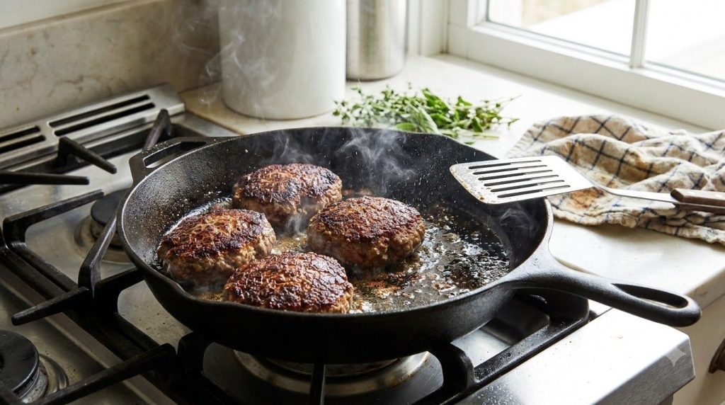 Hamburger steaks browning in a cast iron skillet