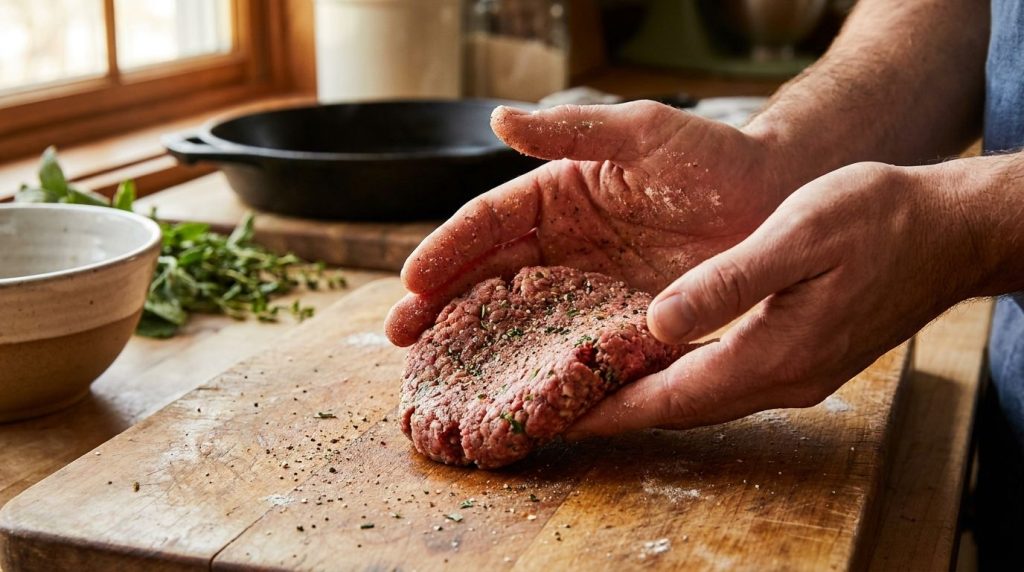 Hands forming seasoned ground beef into oval patties on a cutting board