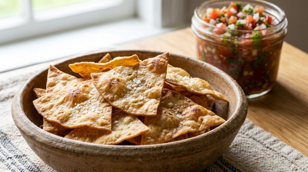 A close-up of a bowl of crispy golden homemade tortilla chips with a vibrant dip in the background