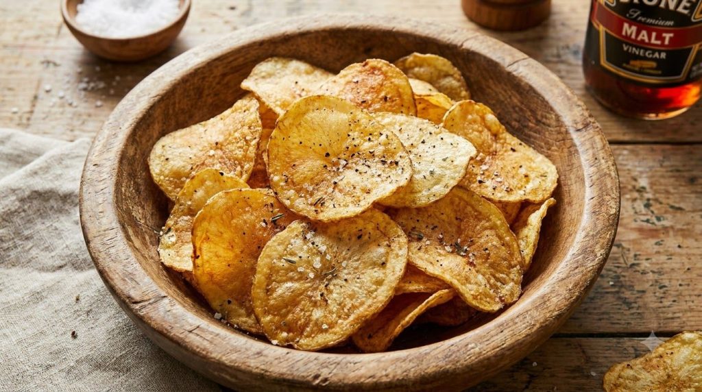 A close-up shot of crispy homemade potato chips seasoned with a zesty salt and vinegar powder arranged in a rustic woode