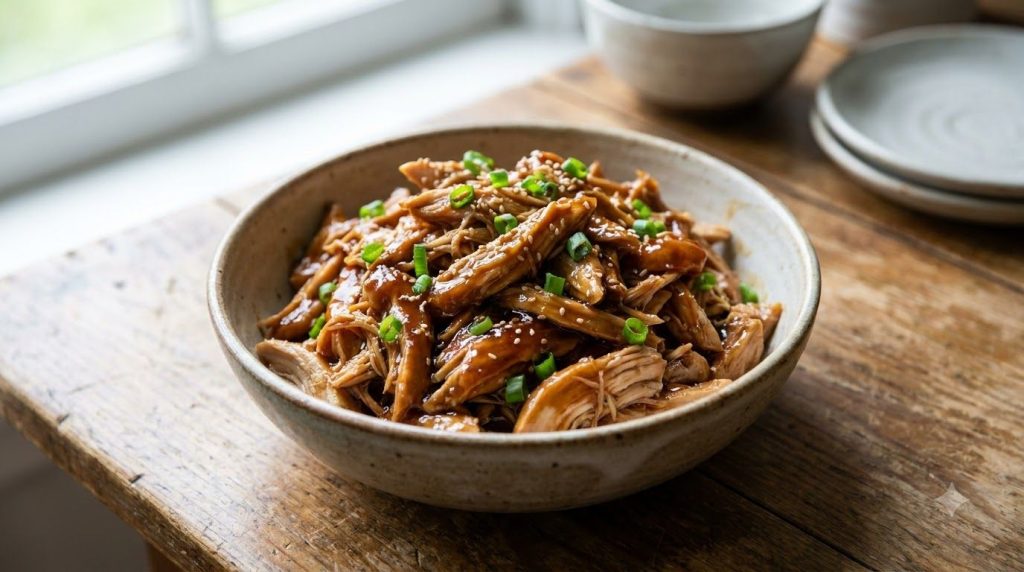 A close-up of shredded honey teriyaki chicken coated in a thick glossy sauce ready to be served