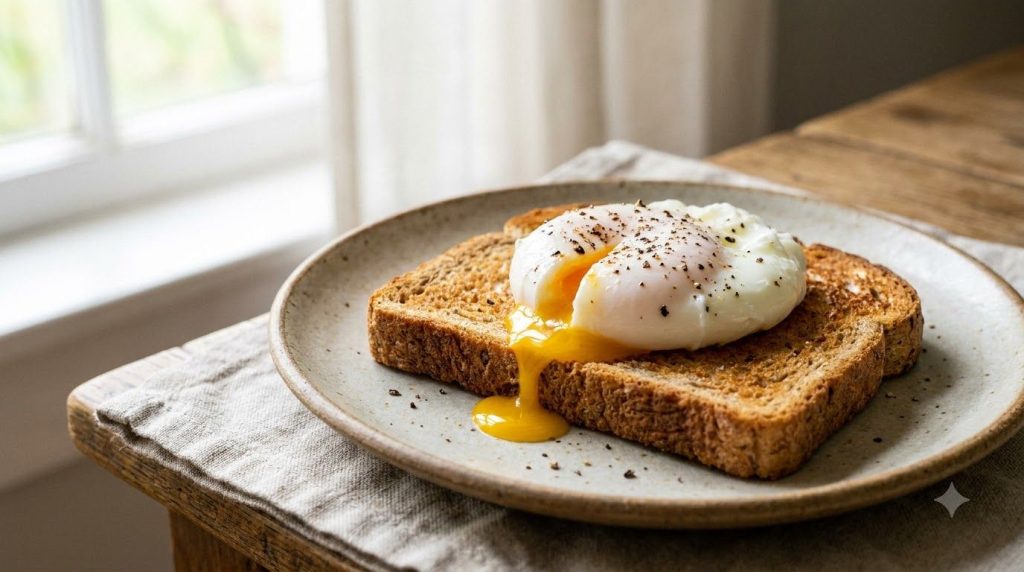 A slice of whole-wheat toast topped with a perfectly poached egg and a sprinkle of black pepper