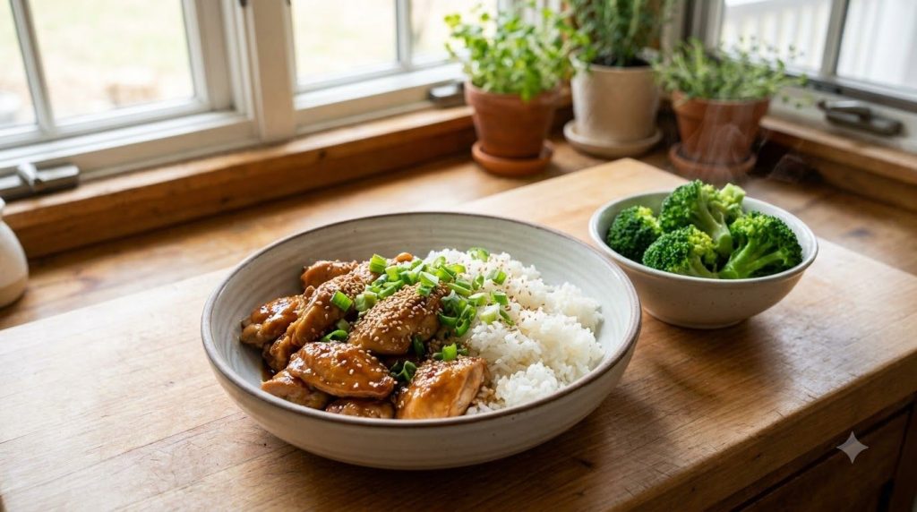 A beautifully plated bowl of honey teriyaki chicken over rice garnished with a side of steamed broccoli