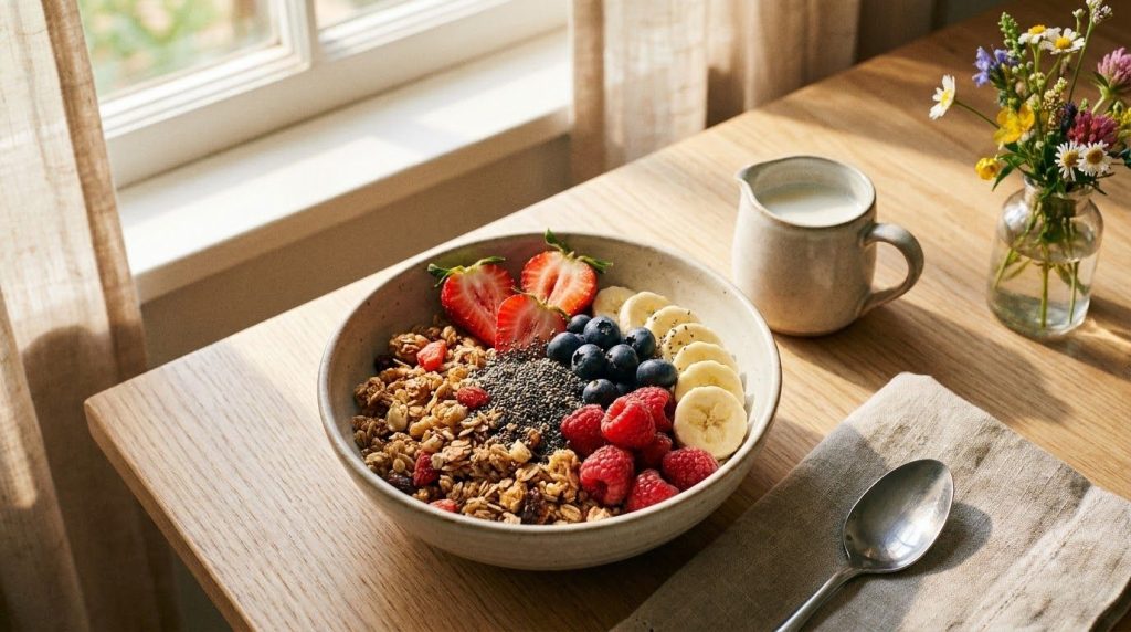 A vibrant customized bowl of breakfast cereal topped with fresh berries sliced banana and a sprinkle of chia seeds next 