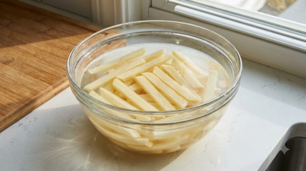 Raw Russet potatoes peeled and cut into even french fry shapes soaking in a bowl of cold water