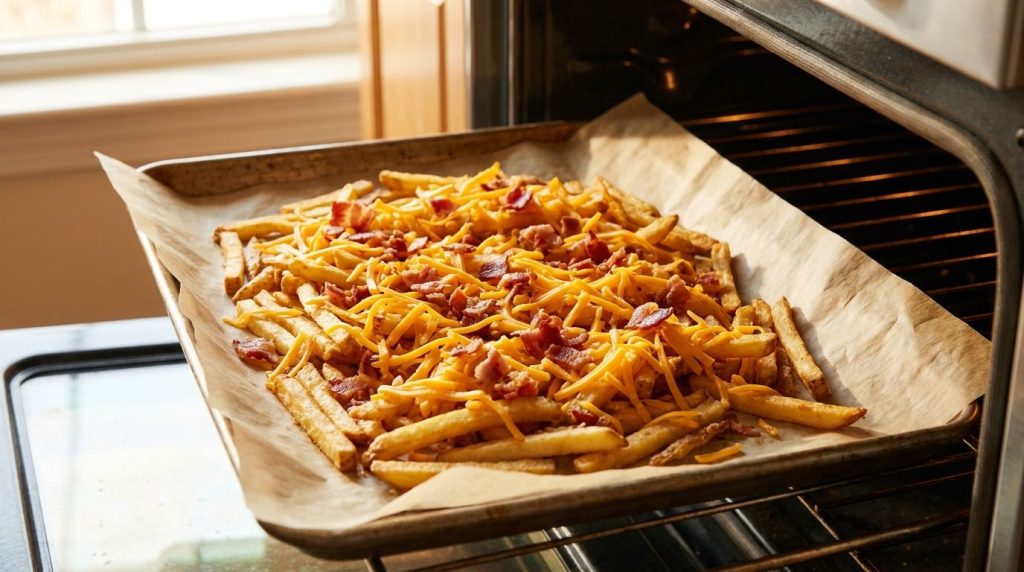 A baking sheet filled with freshly fried french fries topped with shredded cheddar cheese and bacon bits ready to go int