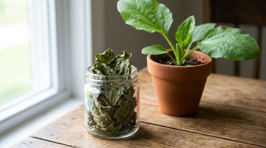 A small glass jar filled with dried plantain leaves next to a fresh plantain plant illustrating storage options