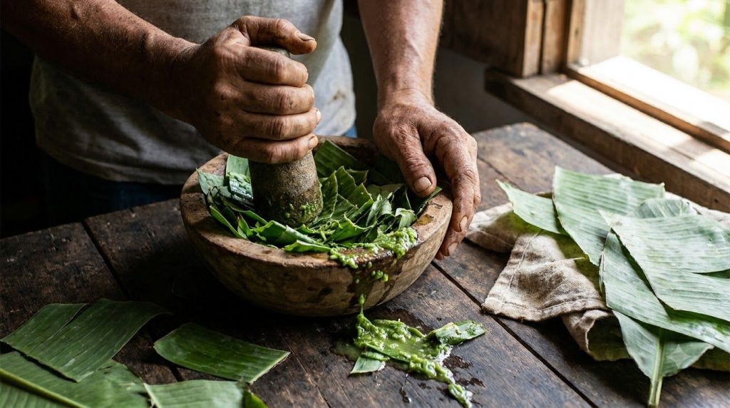 Hands preparing a plantain poultice showing fresh plantain leaves being crushed or chewed into a pulp